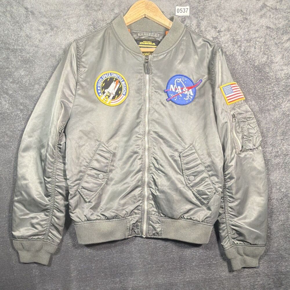 Alpha Industries MA-1 NASA Men’s Gray Nylon Satin Bomber Jacket Zip Lined L